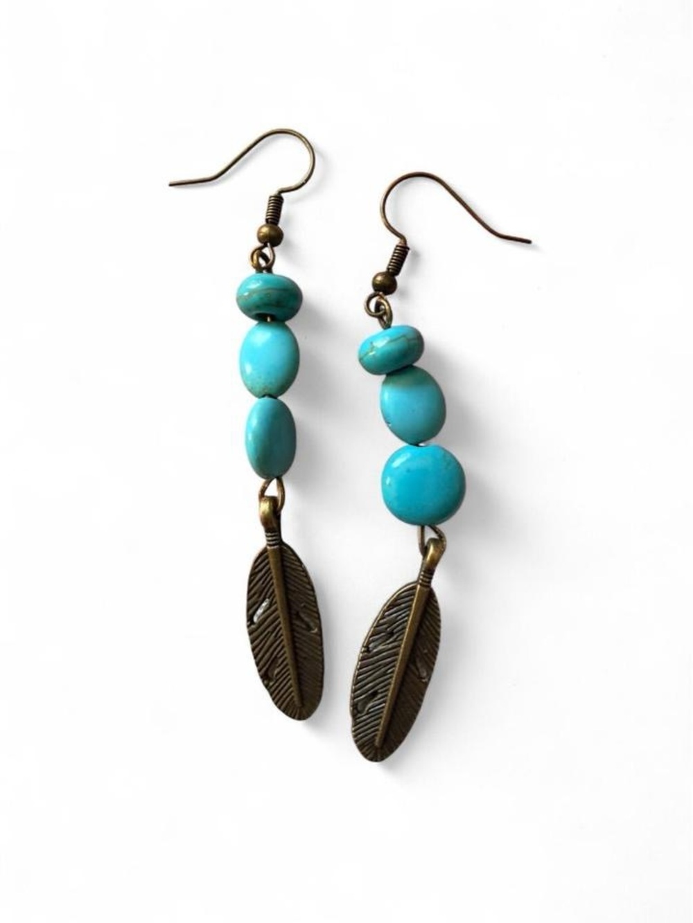 🪶 NWT Handmade Turquoise & Bronze Feather Drop Earrings